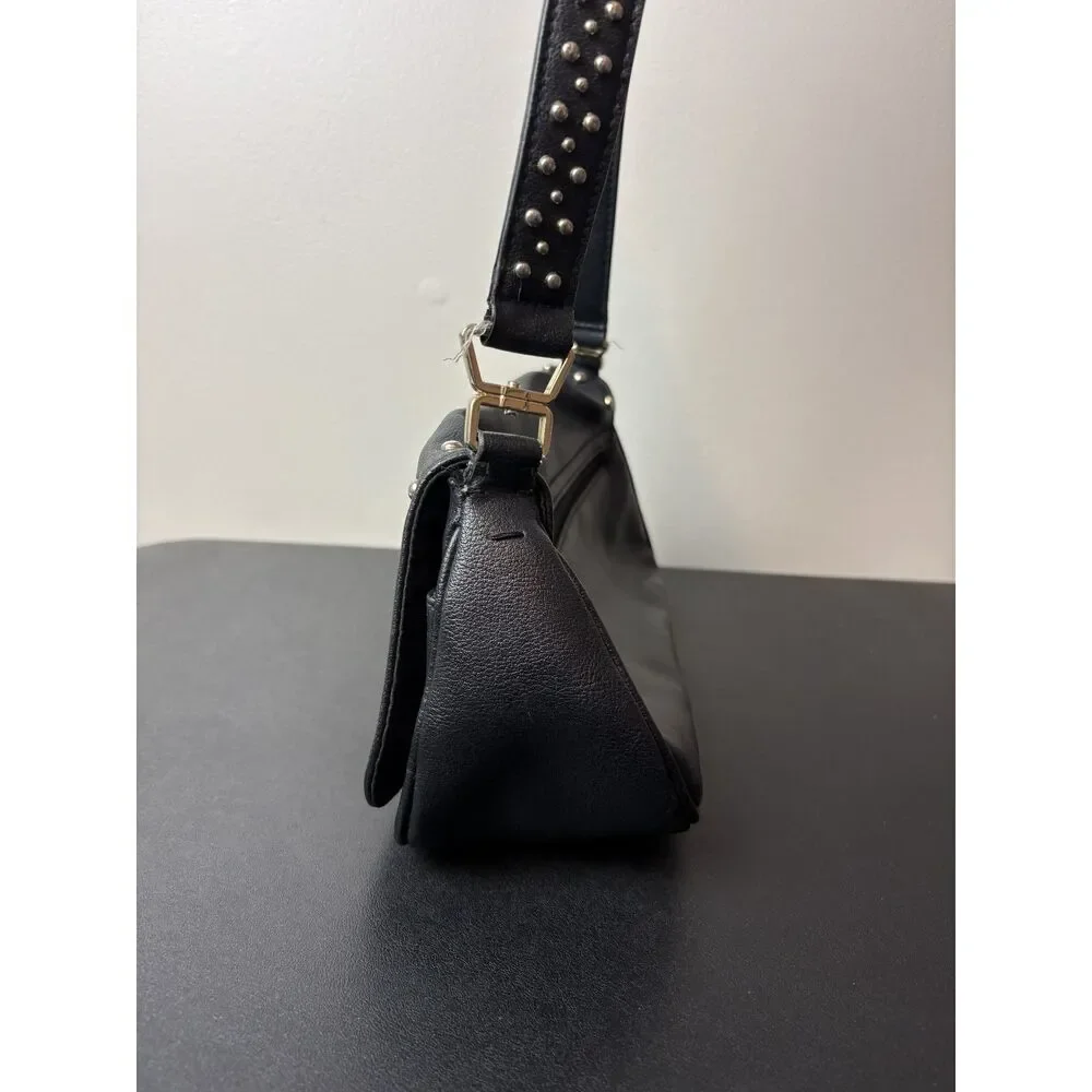 Black Faux Leather Studded Black Shoulder Bag Goth Grunge Biker Chic Rectangle